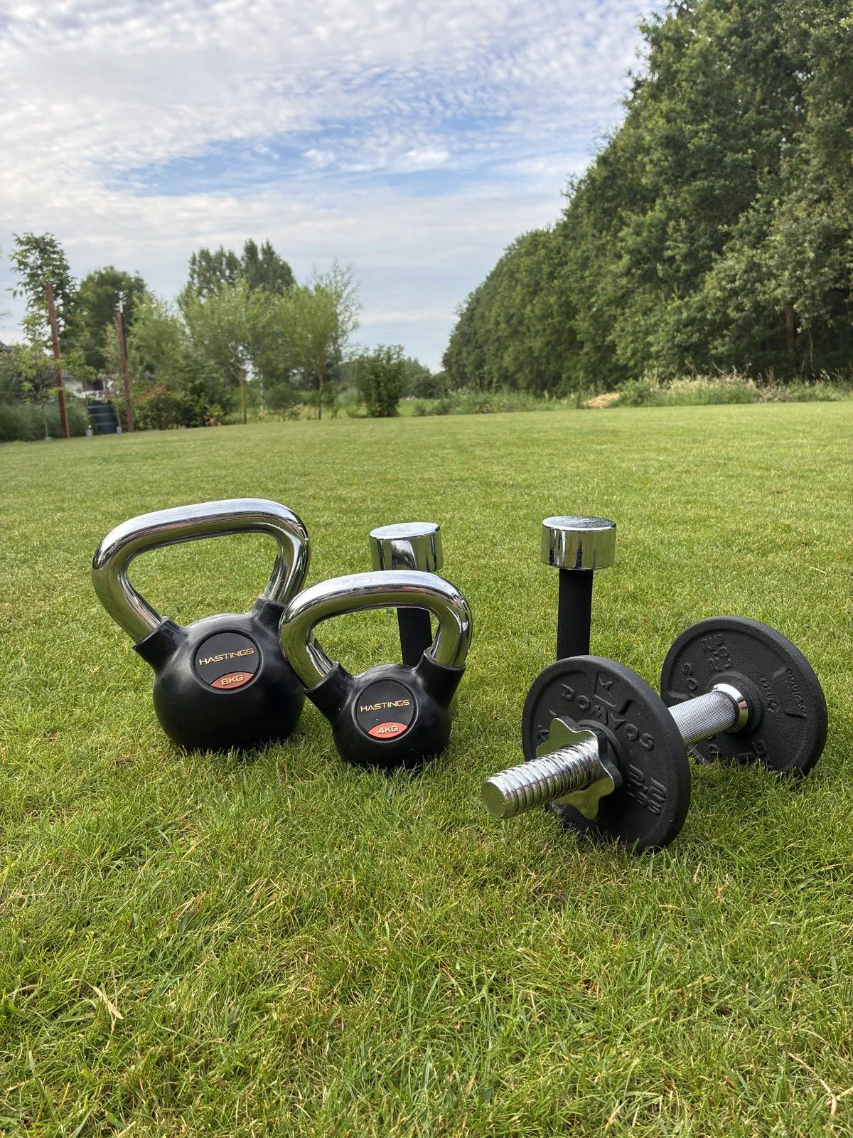 Kettlebells en halters in het gras